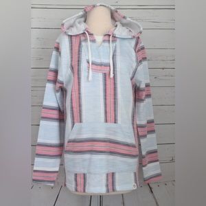 Free Planet Mens Hoodie Poncho Striped Multicolor Pink and Blue Pullover Small